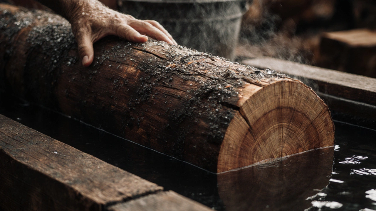 Potongan kayu ulin asli berwarna cokelat kehitaman, tenggelam sebagian di air, menunjukkan kepadatan tinggi dan tekstur halus.