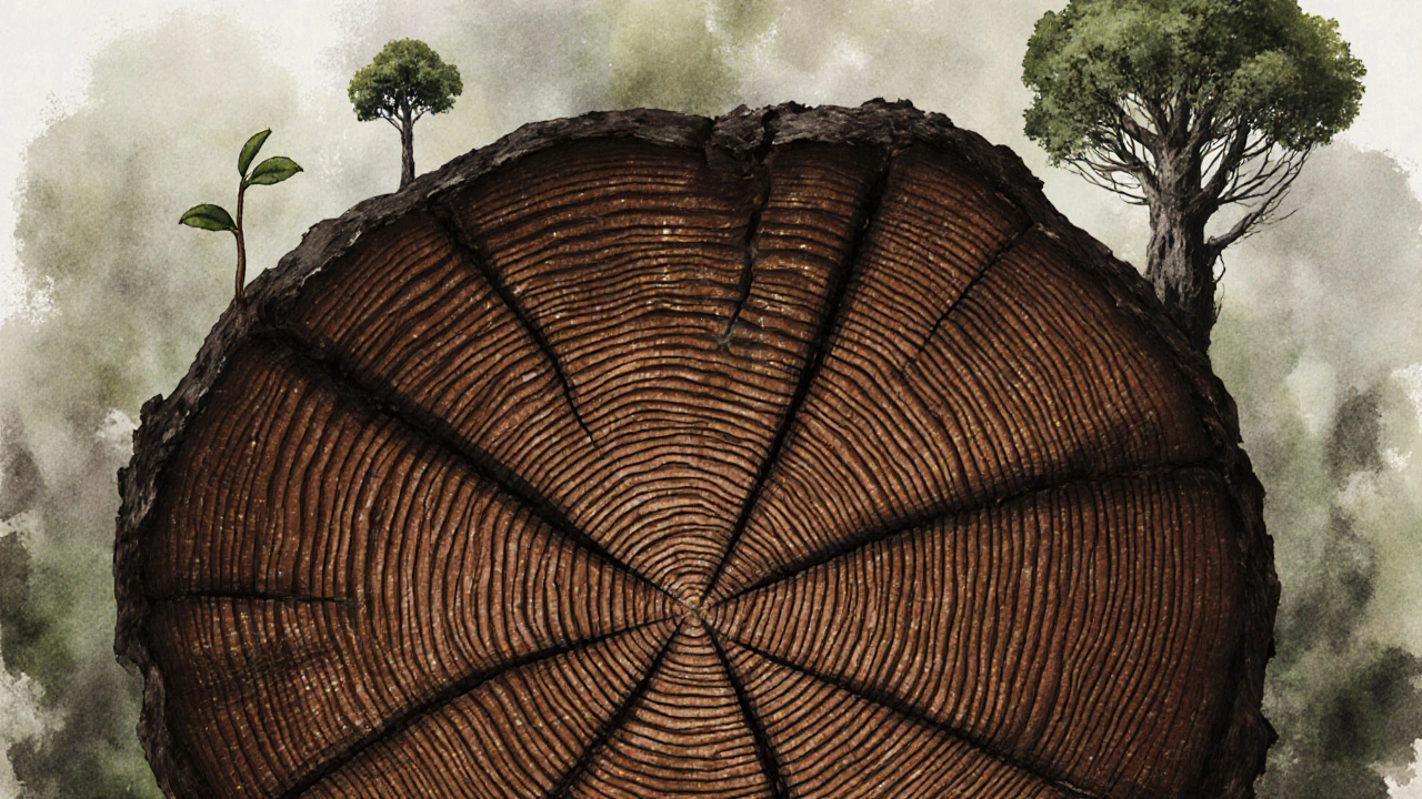 Potongan melintang batang pohon ulin menunjukkan ribuan cincin pertumbuhan sangat tipis, warna kayu gelap mengilap karena minyak alami.