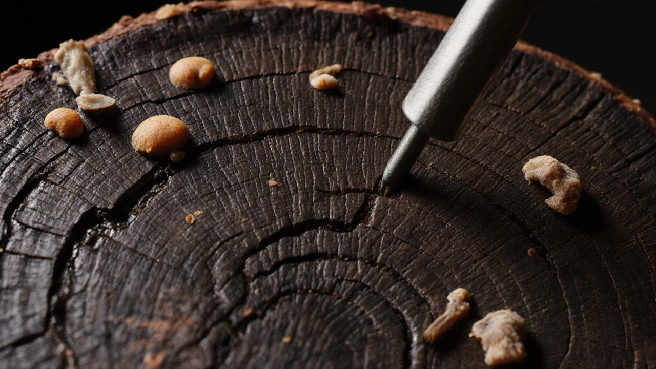 Potongan melintang kayu ulin dengan serat padat dan permukaan mengkilap, ditekan paku tanpa jejak goresan.
