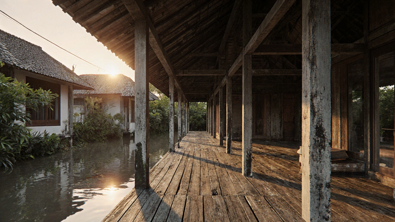 Rumah dengan lantai dan tiang kayu ulin kelas A tetap utuh setelah banjir, sementara rumah tetangga mengalami kerusakan.