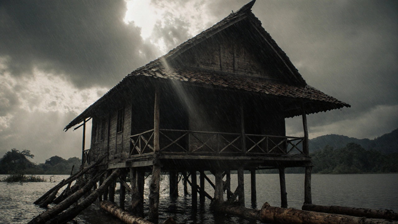 Rumah panggung Indonesia dengan tiang bangkirai kokoh di tengah hujan lebat, sementara kayu lain di sekitarnya membusuk.