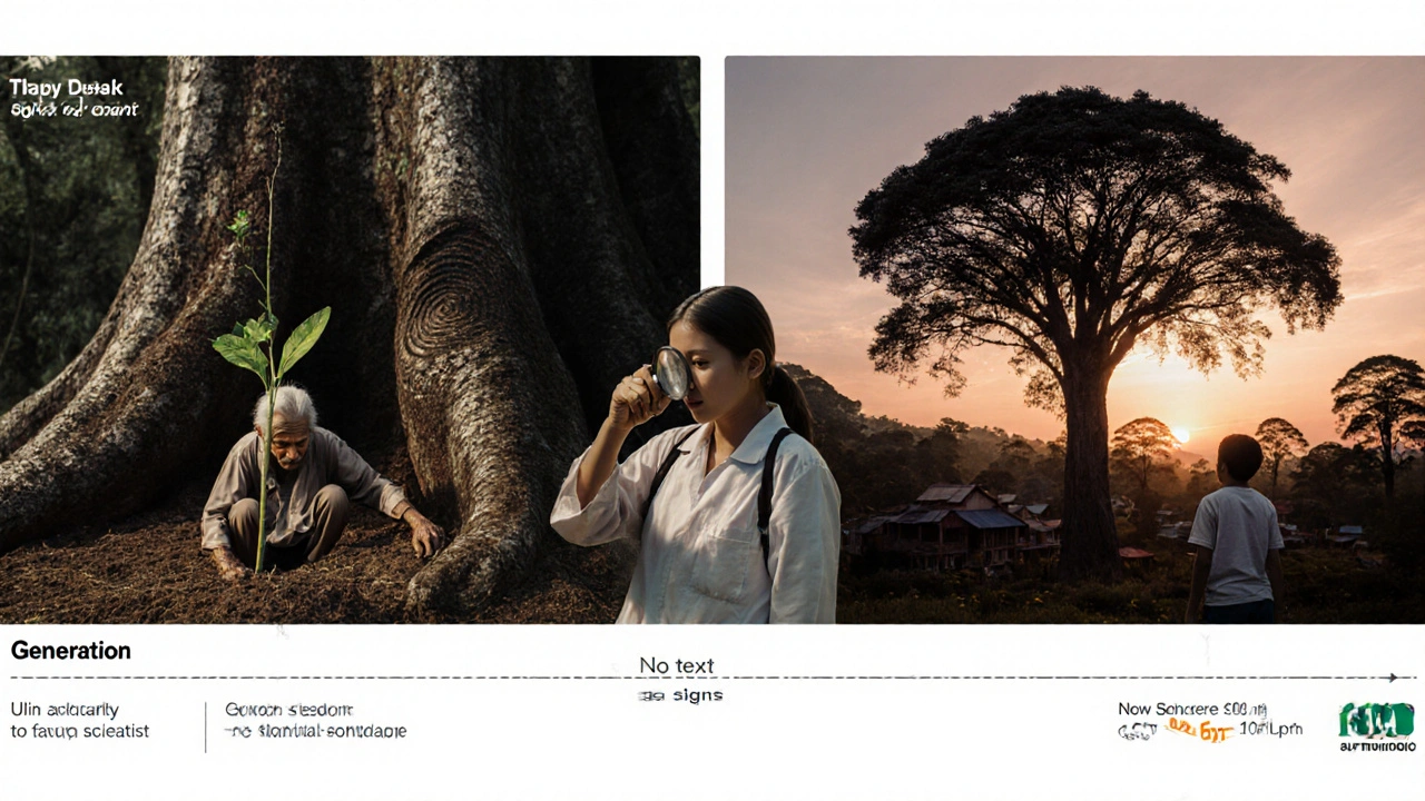 Seorang lansia menanam bibit ulin di bawah pohon raksasa berusia ratusan tahun, sementara seorang anak berdiri di masa depan di tempat yang sama.