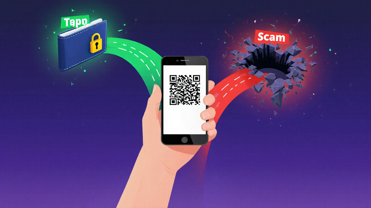 Tangan manusia berhenti di antara memindai kode QR dan mengetik alamat, simbol pilihan antara aman dan penipuan.