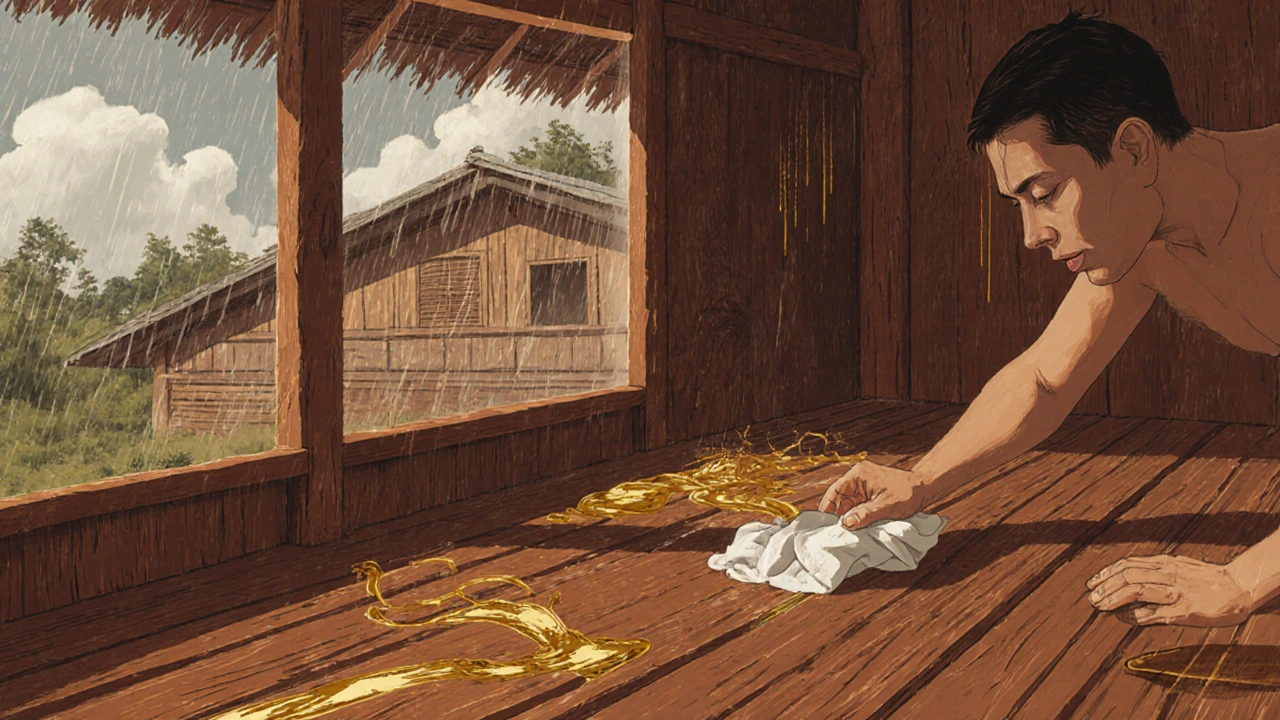 Tangan sedang mengoleskan minyak bangkirai ke dinding kayu rumah tradisional Kalimantan, serat kayu terlihat jelas.