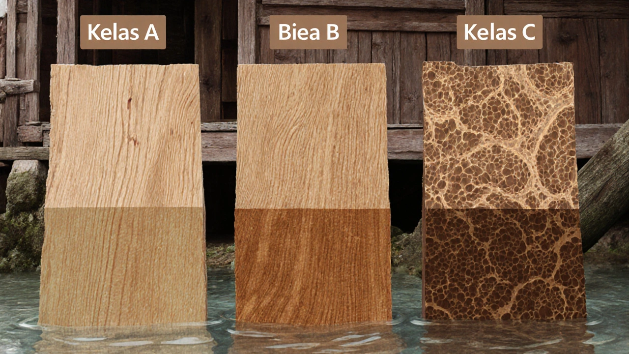 Tiga contoh kayu berbeda kelas direndam dalam air, menunjukkan perbedaan warna yang keluar dari struktur seratnya.