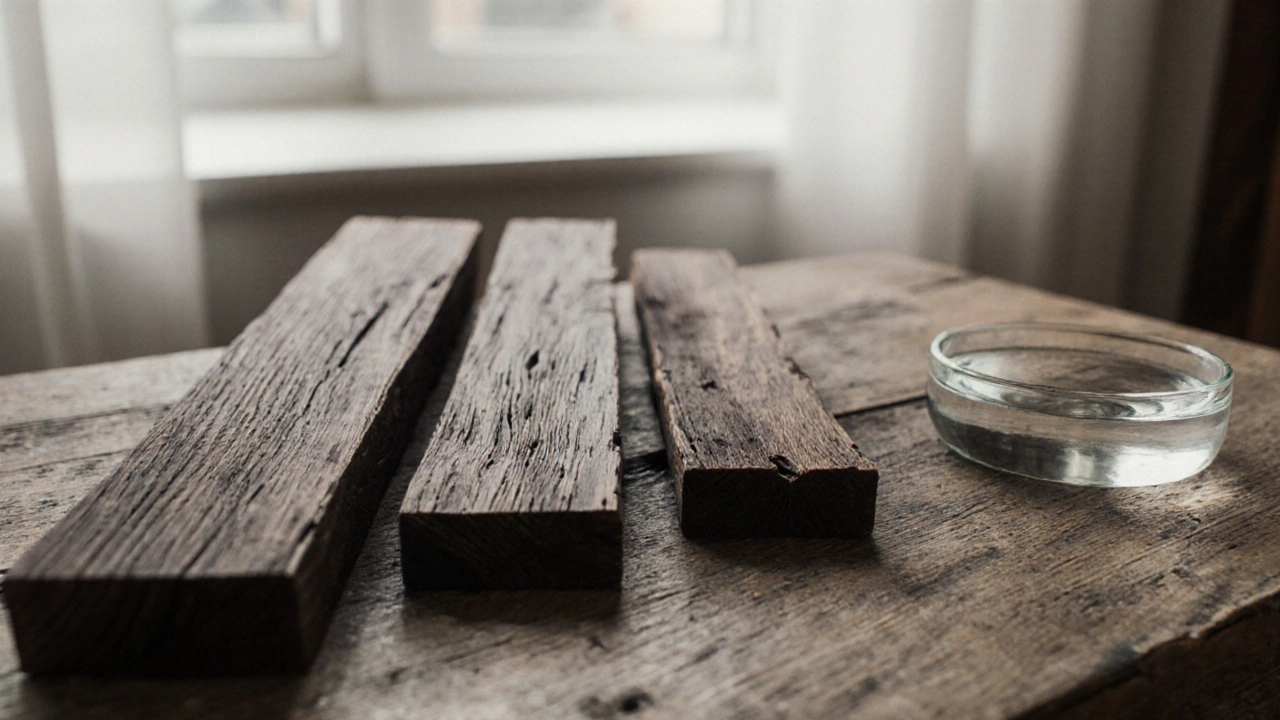 Tiga papan kayu ulin asli di atas meja kayu, satu tenggelam di air, menunjukkan keaslian.