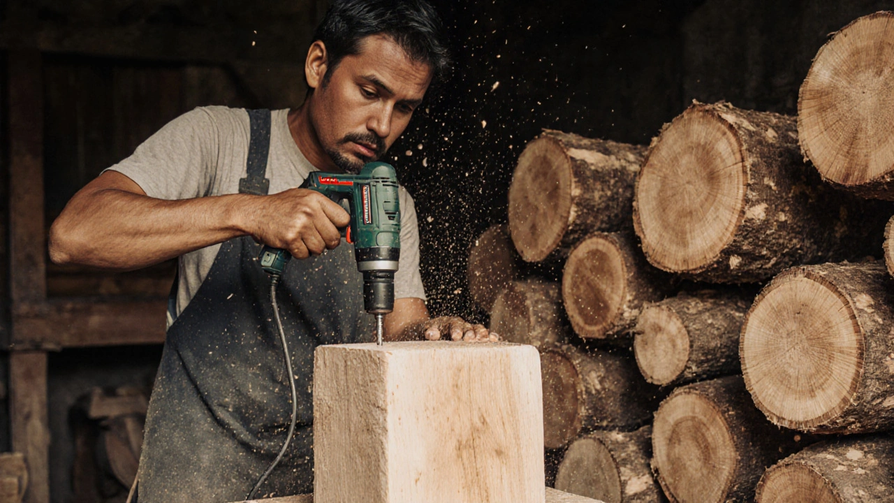 Tukang kayu di Kalimantan sedang mengebor balok kayu bengkirai yang sangat padat.