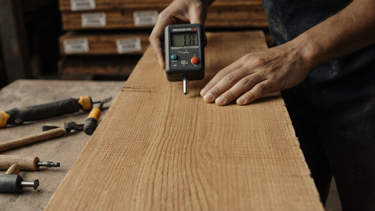 Tukang kayu memeriksa kayu bengkirai kering dengan alat pengukur kelembapan di bengkel Indonesia.