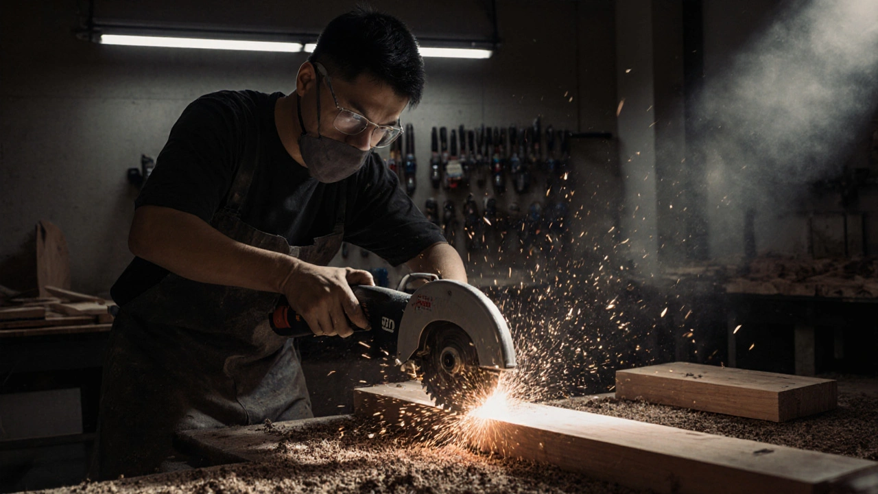 Tukang kayu memotong kayu ulin dengan gergaji industri, serbuk kayu beterbangan di udara.