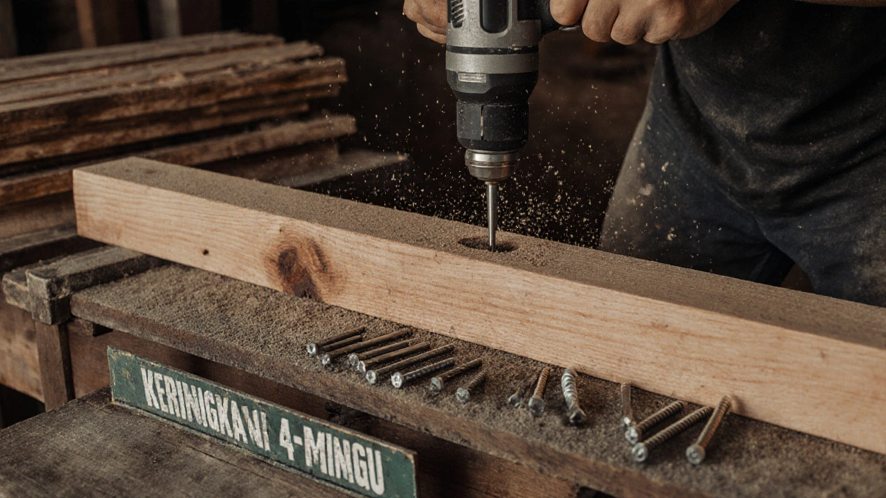 Tukang kayu sedang mengebor balok kayu bengkirai yang sangat keras dengan bor karbida di bengkel, sawdust beterbangan di sekitarnya.