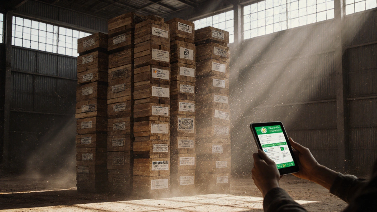 Tumpukan balok kayu ulin legal di gudang kering, sinar matahari masuk melalui jendela tinggi, label pengiriman internasional terlihat samar.
