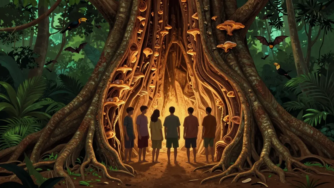 Bagian dalam batang pohon ulin yang berlubang, tempat lima orang bisa berdiri, dikelilingi jamur dan kelelawar.