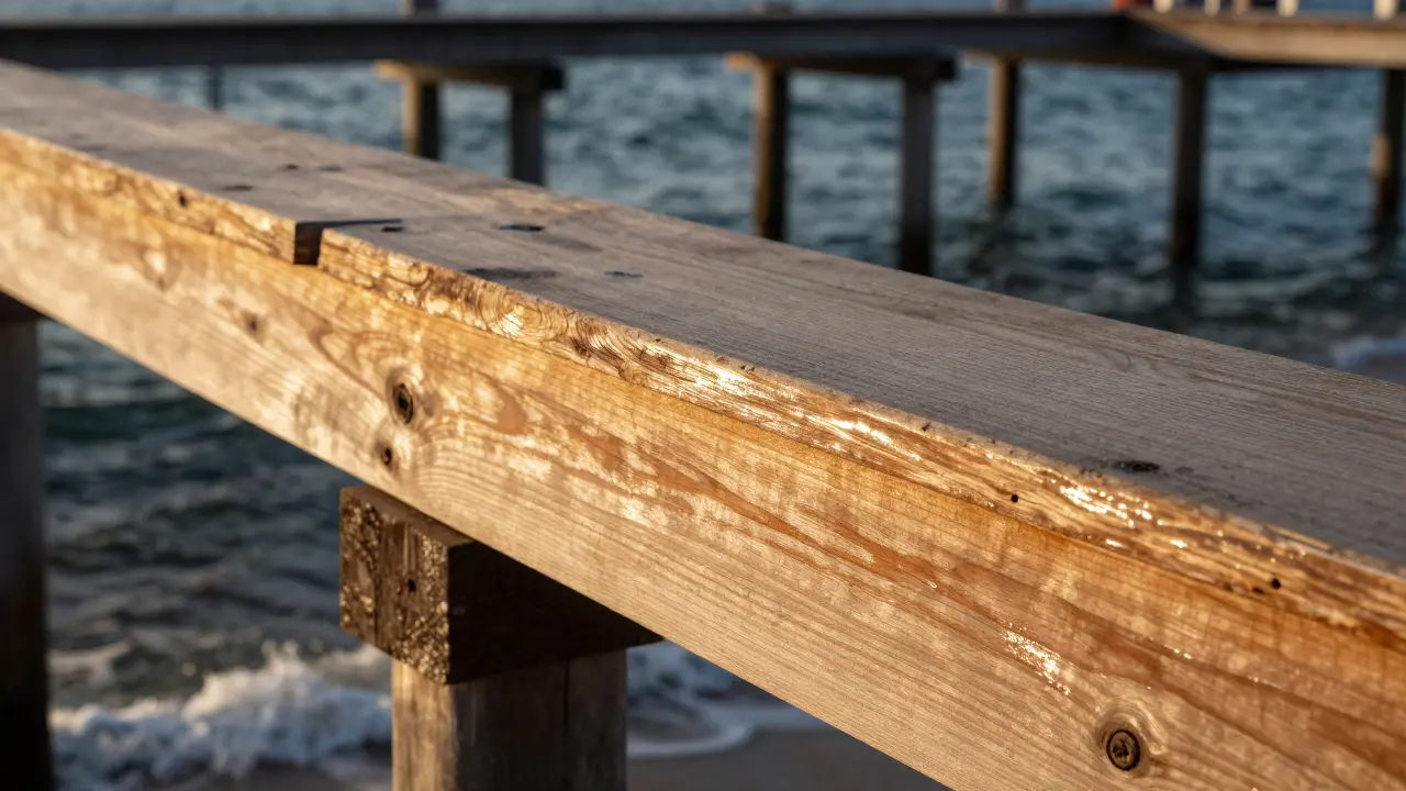 Balok kayu ulin di dermaga tua yang tahan air laut, permukaannya mengilap alami tanpa cat atau pelindung.