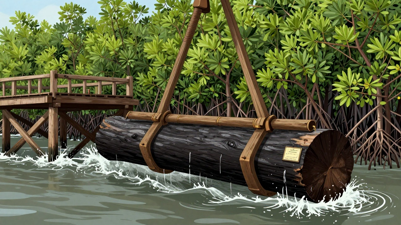 Balok kayu ulin sangat berat diangkat di dermaga Samarinda, dengan latar belakang dermaga tua dari kayu ulin yang masih kokoh.