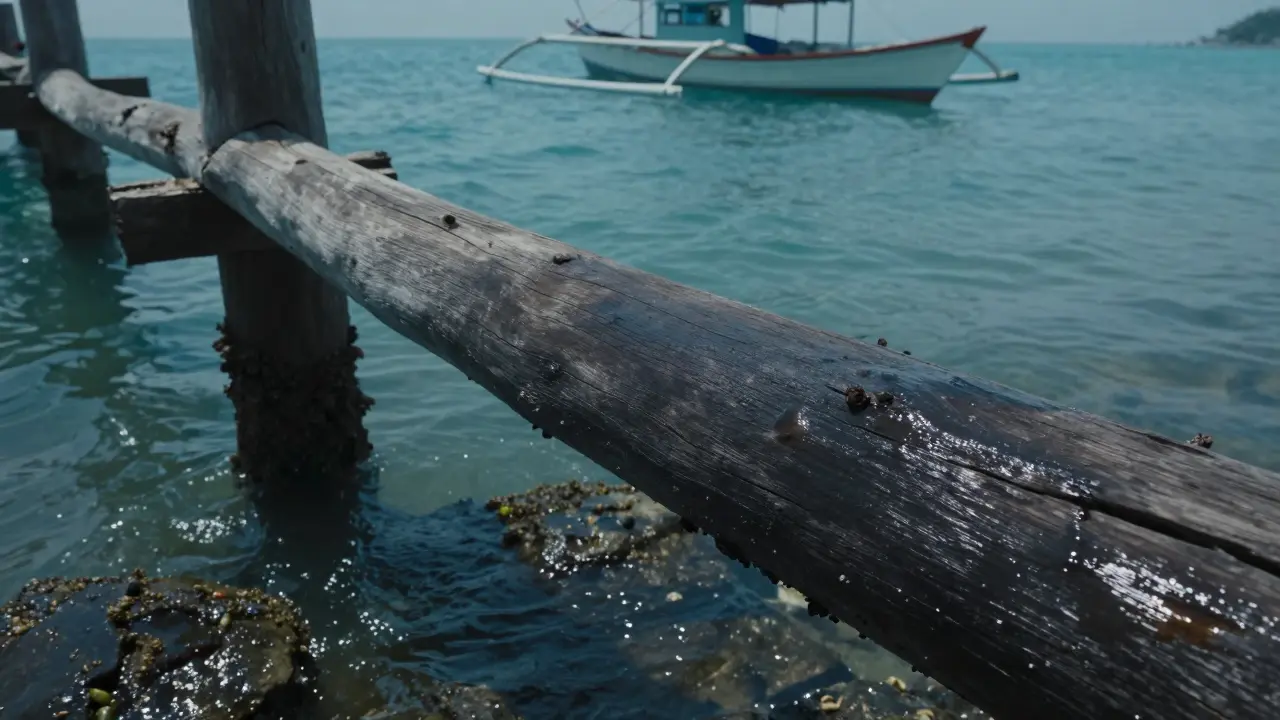 Balok kayu ulin yang tenggelam di laut, tetap utuh tanpa kerusakan setelah puluhan tahun.