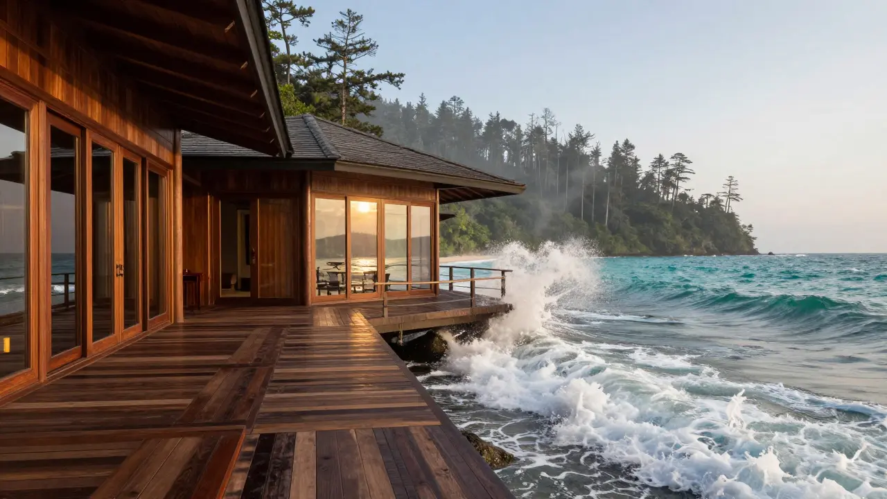 Decks kayu ulin di vila tepi laut dengan latar belakang hutan yang menghilang.