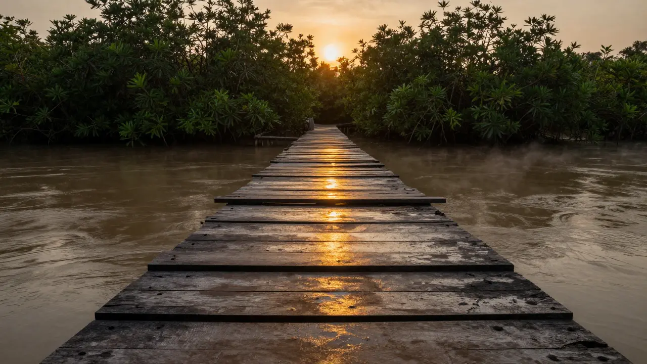 Derma kayu bengkirai tua di sungai Kalimantan, tahan lama tanpa perawatan, dipantulkan cahaya matahari terbenam.