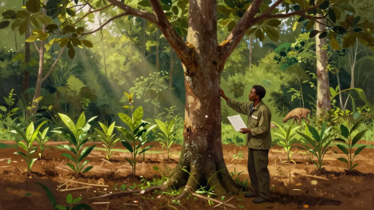 Hutan ulin berkelanjutan di Kalimantan dengan penebangan terkendali dan pohon muda ditanam kembali.