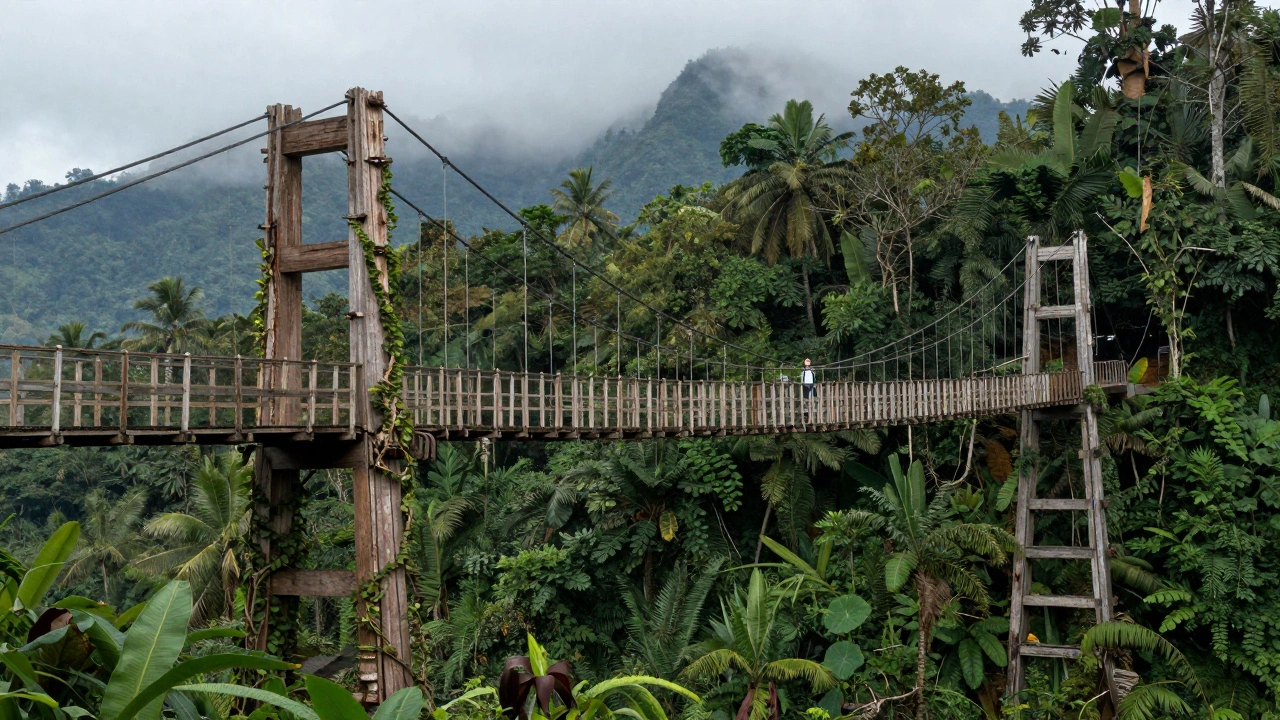 Jembatan gantung tua di Kutai yang terbuat dari kayu bangkirai, masih utuh meski dikelilingi hutan lebat dan kabut.