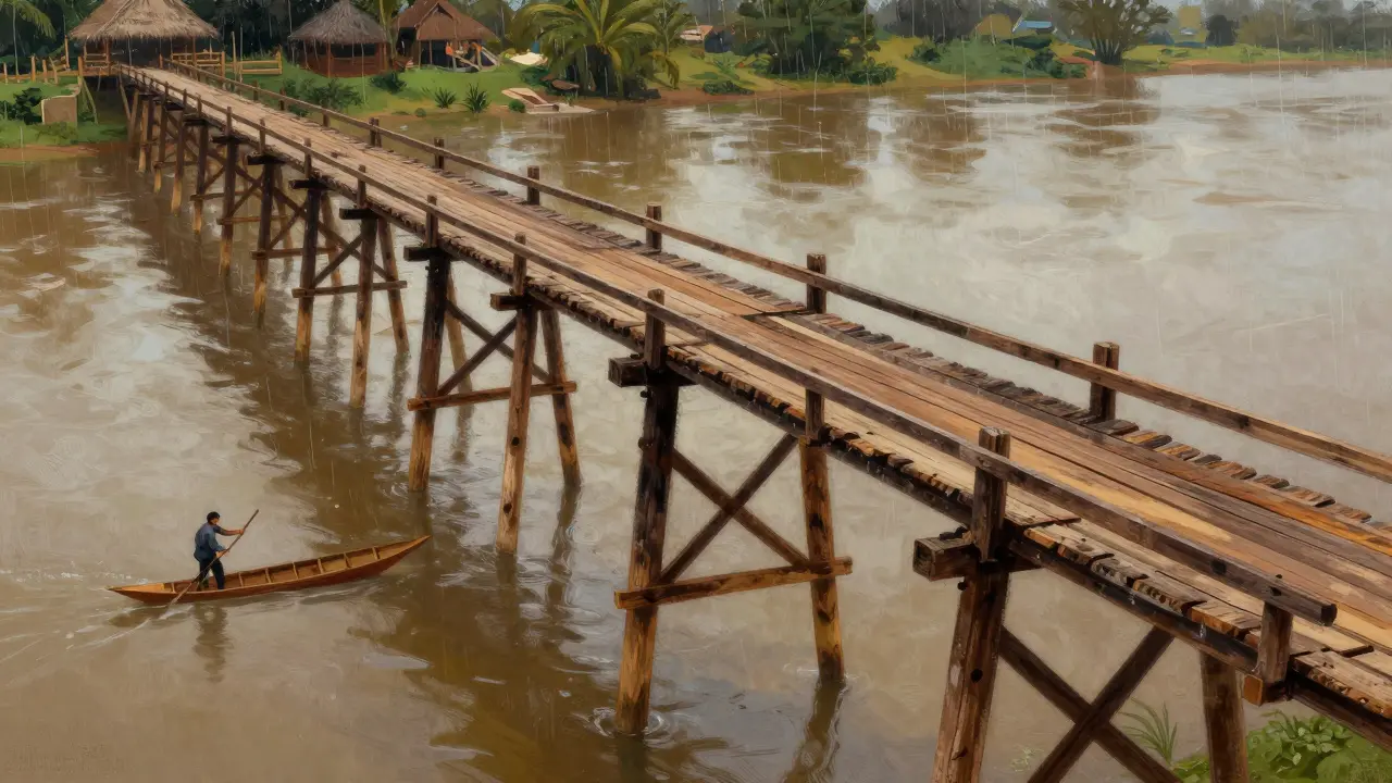 Jembatan kayu ulin di Kalimantan yang kokoh melintasi sungai besar.