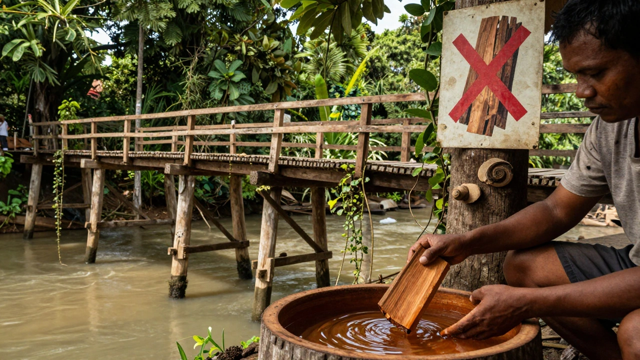 Jembatan kayu ulin tua di Kalimantan dengan tangan pekerja yang menguji kepadatannya di air, latar belakang hutan lebat.