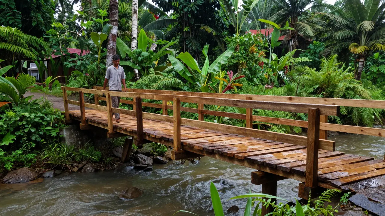 Jembatan kecil di Kalimantan terbuat dari kayu gmelina yang diawetkan, dilewati seorang penduduk, dikelilingi hutan tropis yang lebat.