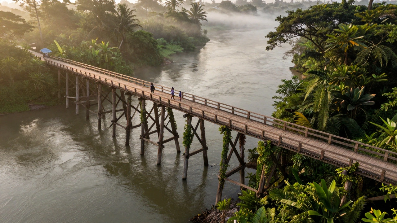 Jembatan tua dari kayu ulin melintasi sungai di hutan Kalimantan, masih kokoh setelah puluhan tahun.