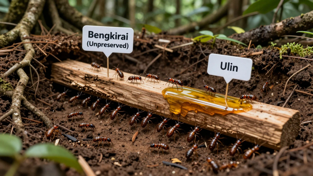Koloni rayap di tanah yang menyerang kayu bengkirai, sementara kayu ulin dilindungi oleh minyak alami.