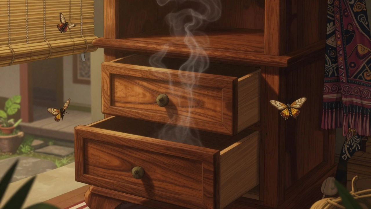 Laci kayu cengkih terbuka dengan serangga terbang menjauh, cahaya hangat menyoroti uap aroma alami.