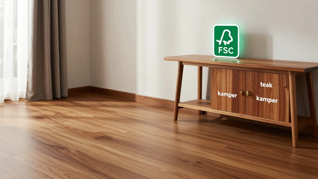 Lantai kayu ulin di rumah modern dengan alternatif ramah lingkungan seperti jati dan komposit di sampingnya.