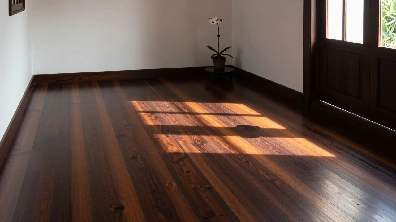 Lantai kayu ulin gelap mengilap di rumah mewah, menampilkan keindahan alami yang semakin tua.