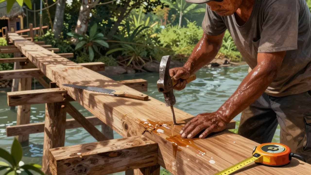 Pekerja memasang balok kayu bengkirai untuk jembatan di pedesaan Indonesia, dengan hujan tropis dan aliran sungai di belakangnya.