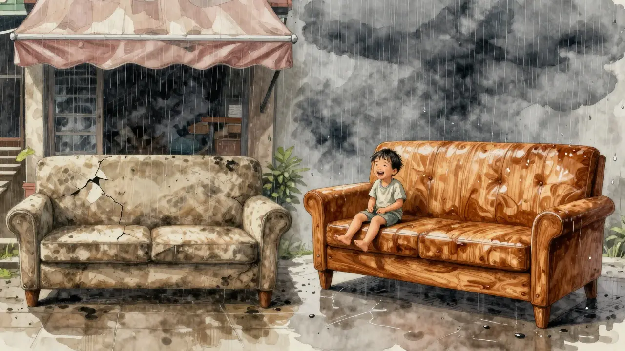 Perbandingan artistik: sofa bengkirai rusak di hujan versus sofa ulin utuh di cuaca sama, simbol daya tahan alami.