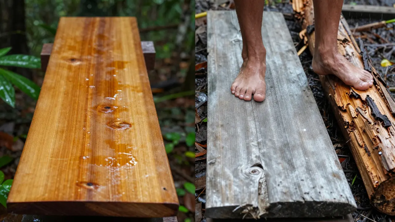 Perbandingan kayu bengkirai baru dan yang sudah berusia 20 tahun, keduanya tetap utuh, dibandingkan dengan kayu pinus yang rusak.