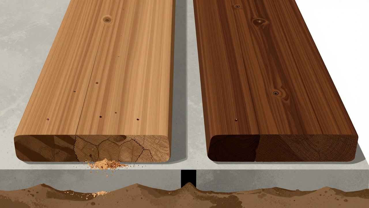 Perbandingan kayu bengkirai yang rusak oleh rayap dan kayu ulin yang utuh, diletakkan di atas fondasi beton.