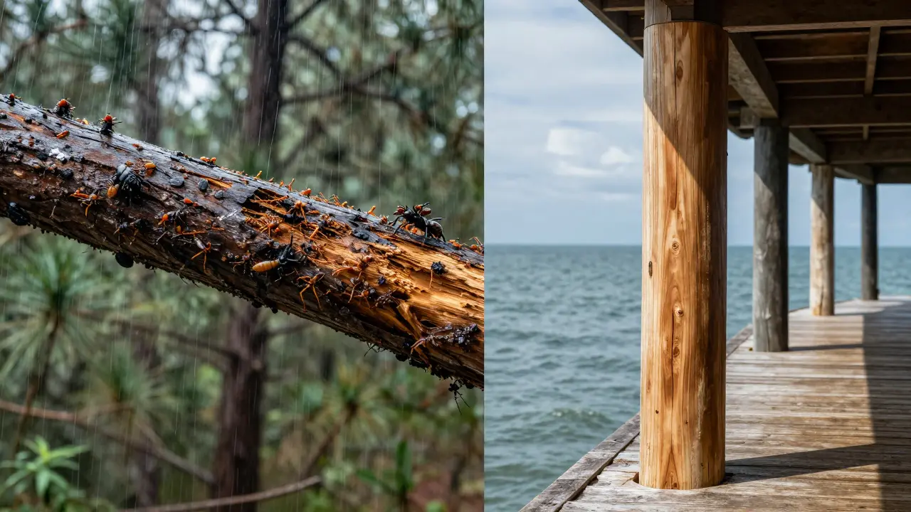 Perbandingan kayu biasa yang busuk dengan kayu ulin yang tetap utuh di pantai.