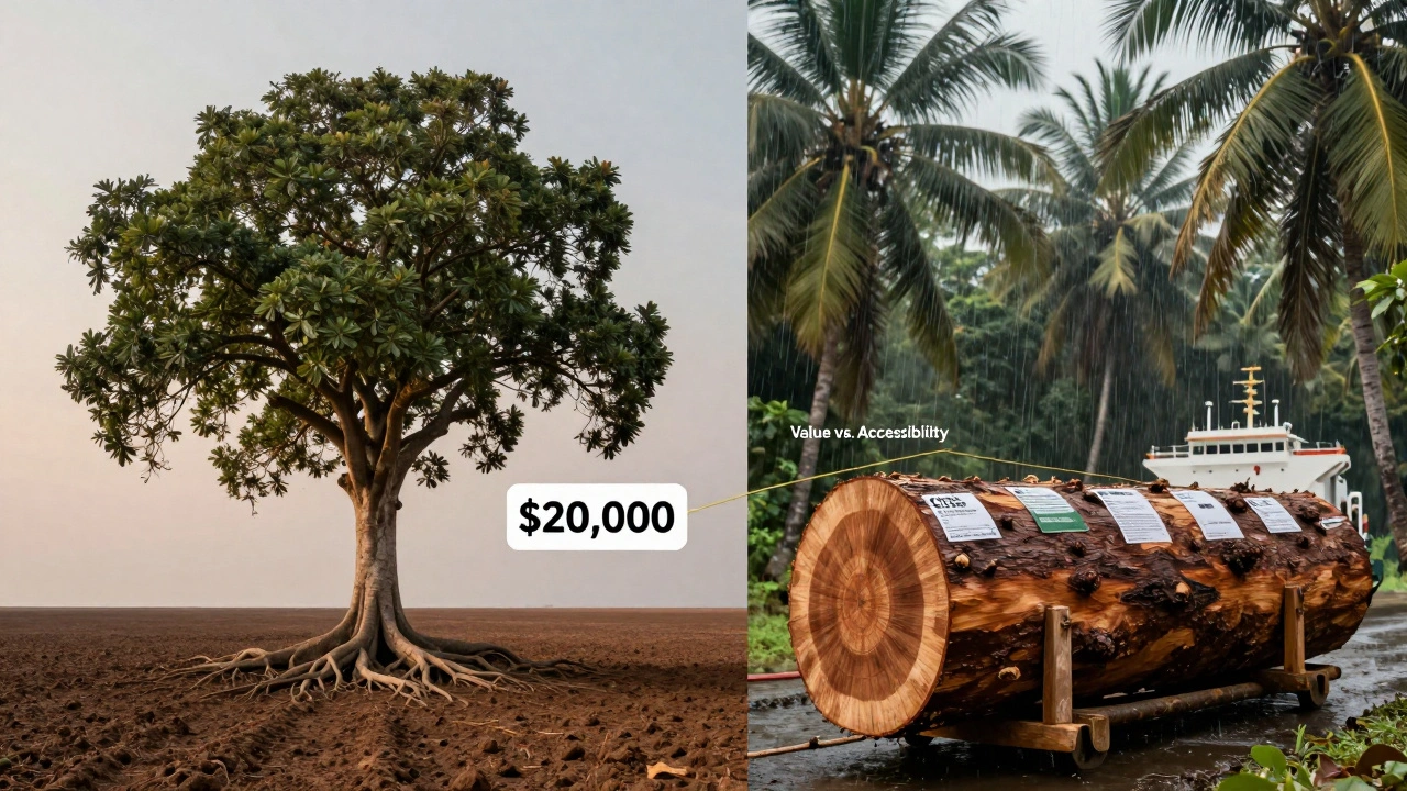 Perbandingan visual antara pohon Black Walnut di Amerika dan kayu Ulin yang dikirim lewat kapal laut.