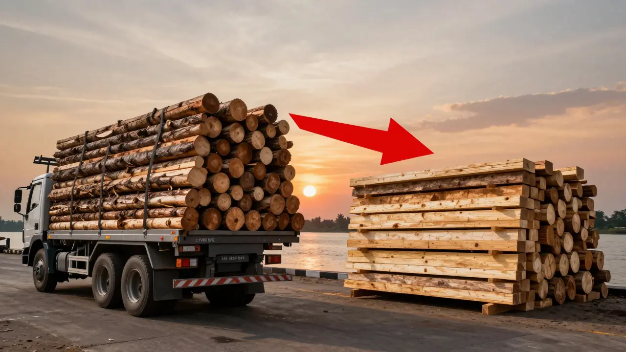 Perbandingan visual berat kayu ulin dengan kayu jati dan pinus, truk penuh muatan ulin di satu sisi, cahaya matahari terbenam di latar belakang.
