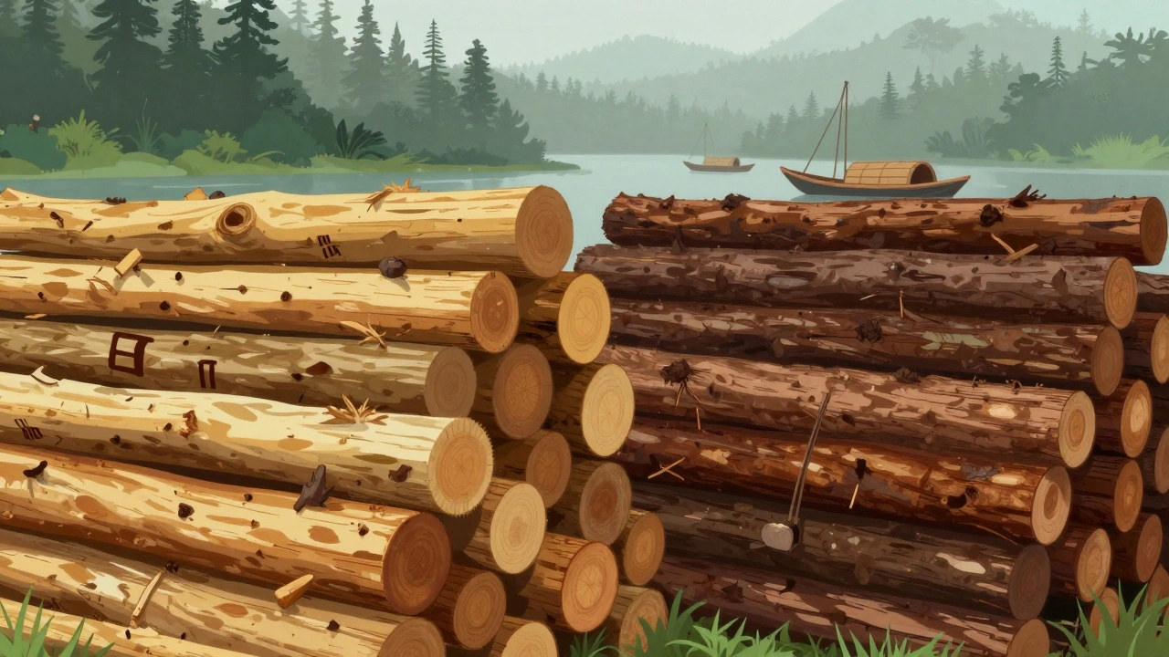 Perbandingan visual kayu bengkirai dan ulin Kalimantan dalam tumpukan kayu, dengan perbedaan warna dan tekstur yang jelas.