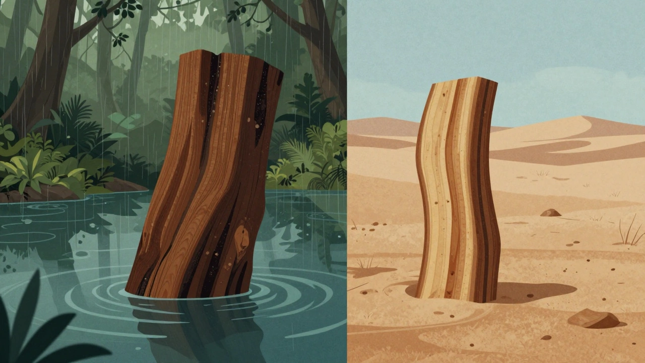 Perbandingan visual kayu ulin dan mesquite: ulin tenggelam di air, mesquite mengapung, mewakili perbedaan densitas dan asal iklim.