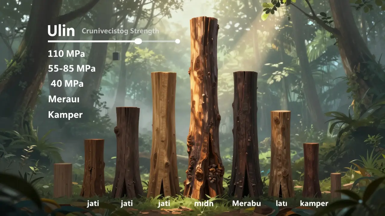 Perbandingan visual kayu ulin dengan jenis kayu lokal lainnya, dengan ulin sebagai yang paling kuat dan gelap.