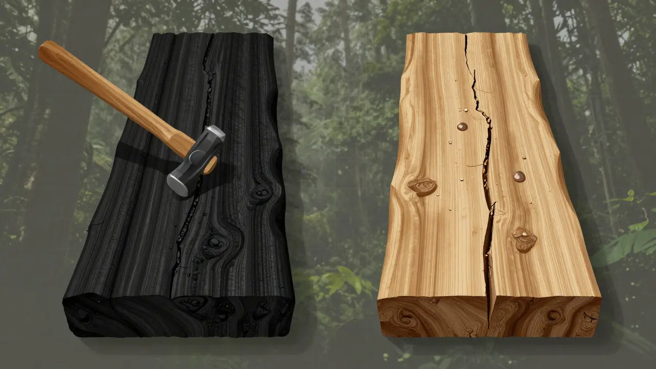 Perbandingan visual kayu ulin Kalimantan (padat, gelap) dan Sulawesi (kurang padat, retak) dengan latar hutan.