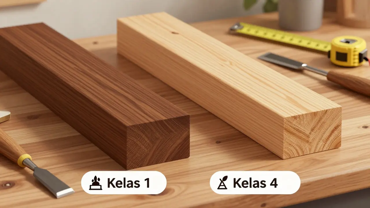 Perbandingan visual kayu ulin kelas 1 dan sengon kelas 4 yang sudah diawetkan, dengan simbol umur pakai dan alat kayu di atas meja kerja.