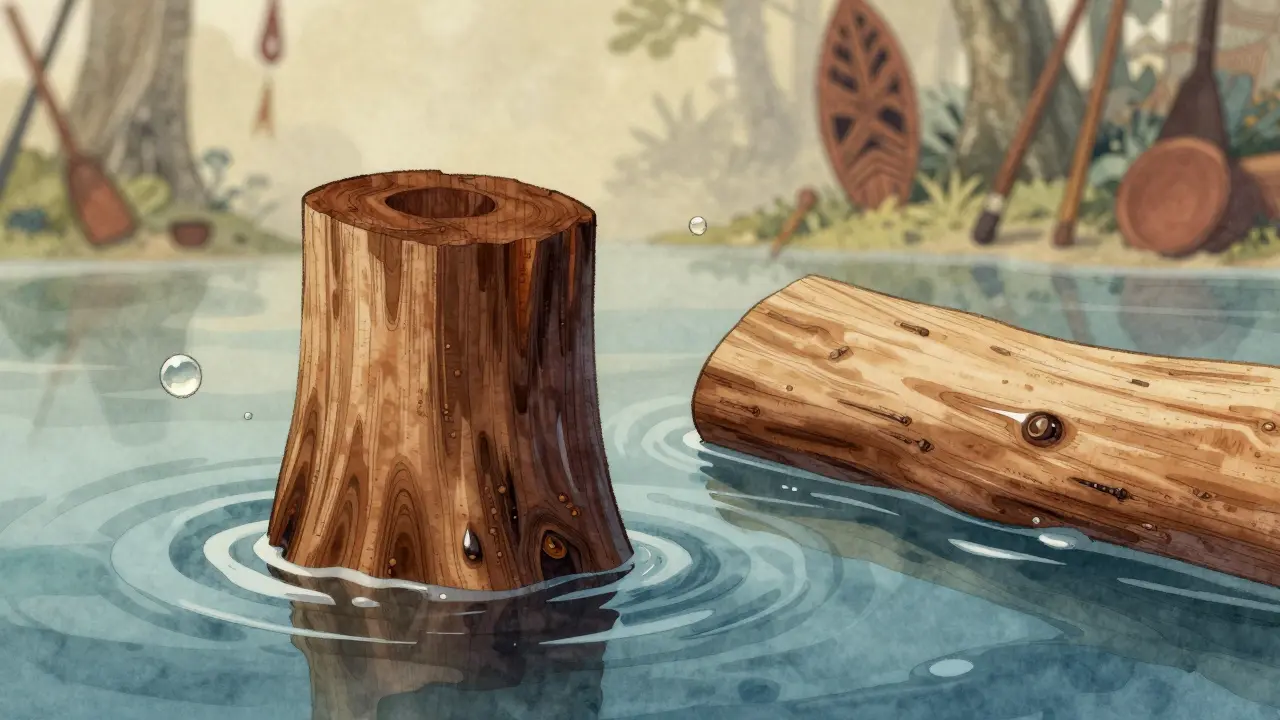 Perbandingan visual kayu ulin yang tenggelam di air dan kayu lain yang mengapung.