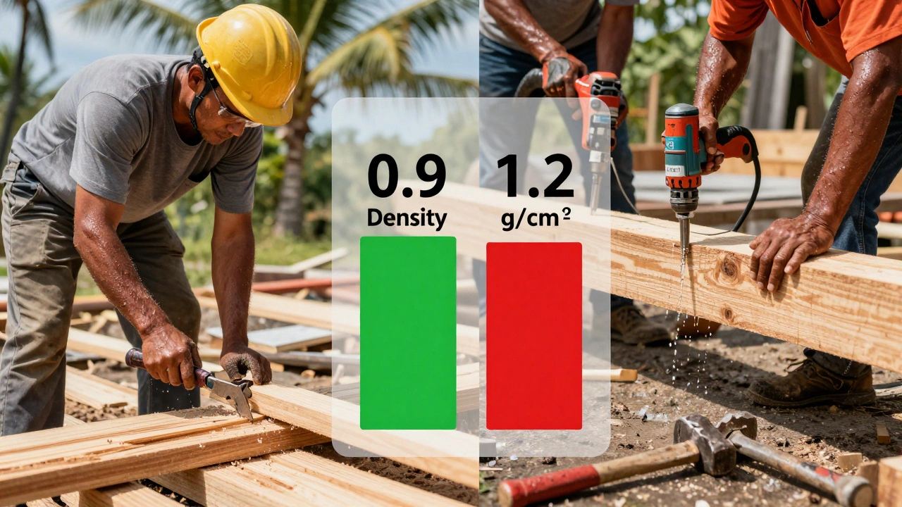 Perbandingan visual: pekerja mudah memproses bengkirai di satu sisi, sementara di sisi lain kesulitan mengolah ulin yang sangat berat dan langka.