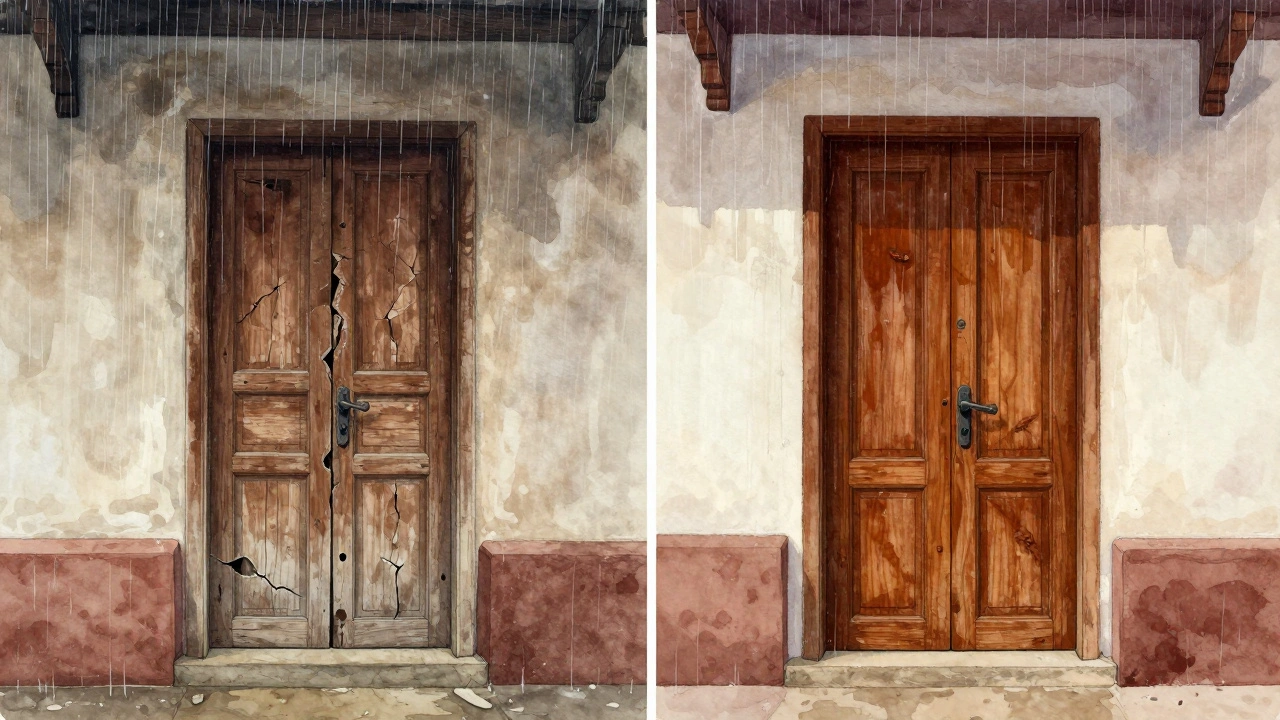 Perbandingan visual pintu kayu randu yang retak dan pintu bengkirai yang utuh di tengah hujan lebat.