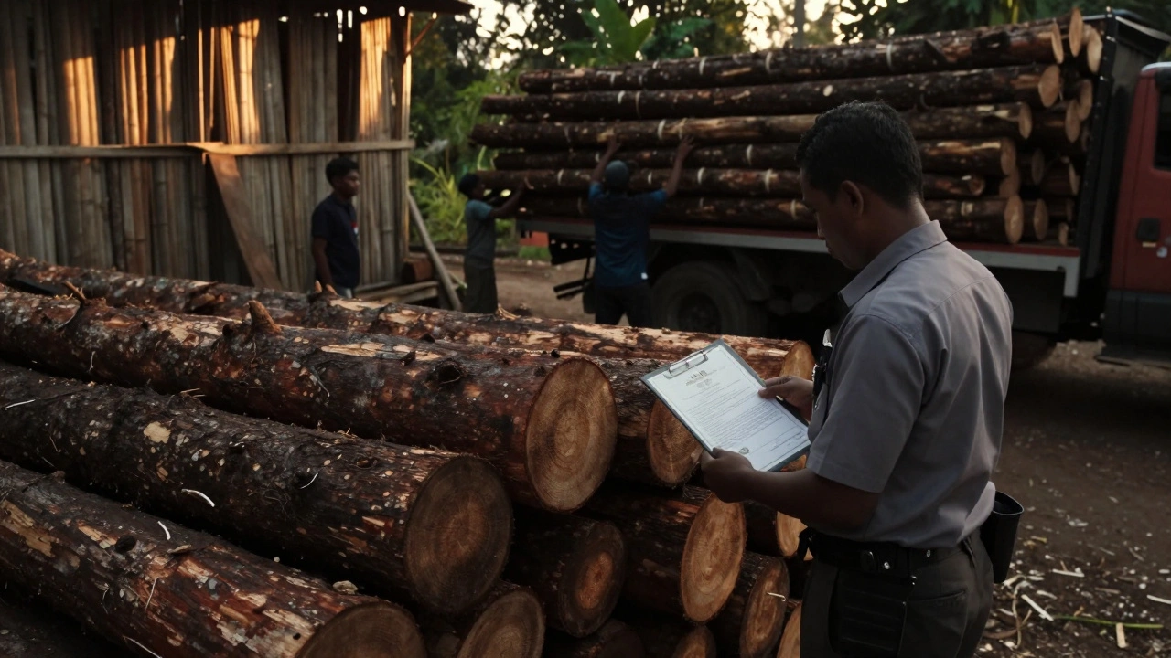Petugas kehutanan memeriksa sertifikat legal kayu ulin di gudang kayu, sementara orang tak dikenal menyelundupkan kayu.