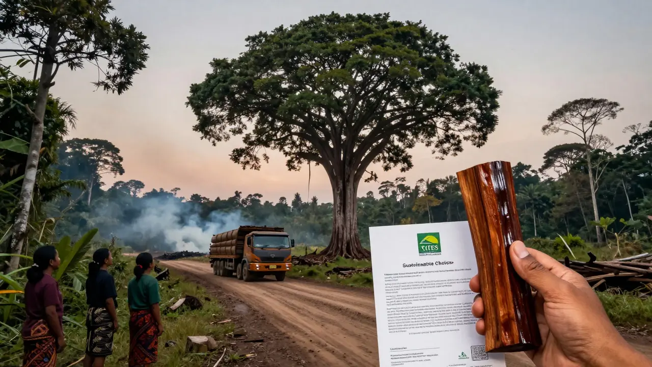 Pohon ulin dilindungi di hutan vs truk penebangan ilegal, dengan tangan memegang kayu ulin asli dan sertifikat CITES.