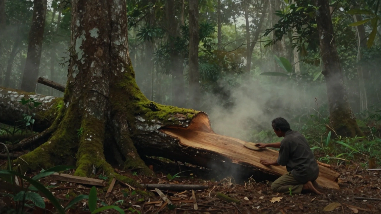Pohon ulin tumbang di hutan Kalimantan, uap tanah halus naik dari kayu terbuka di tengah kabut pagi.