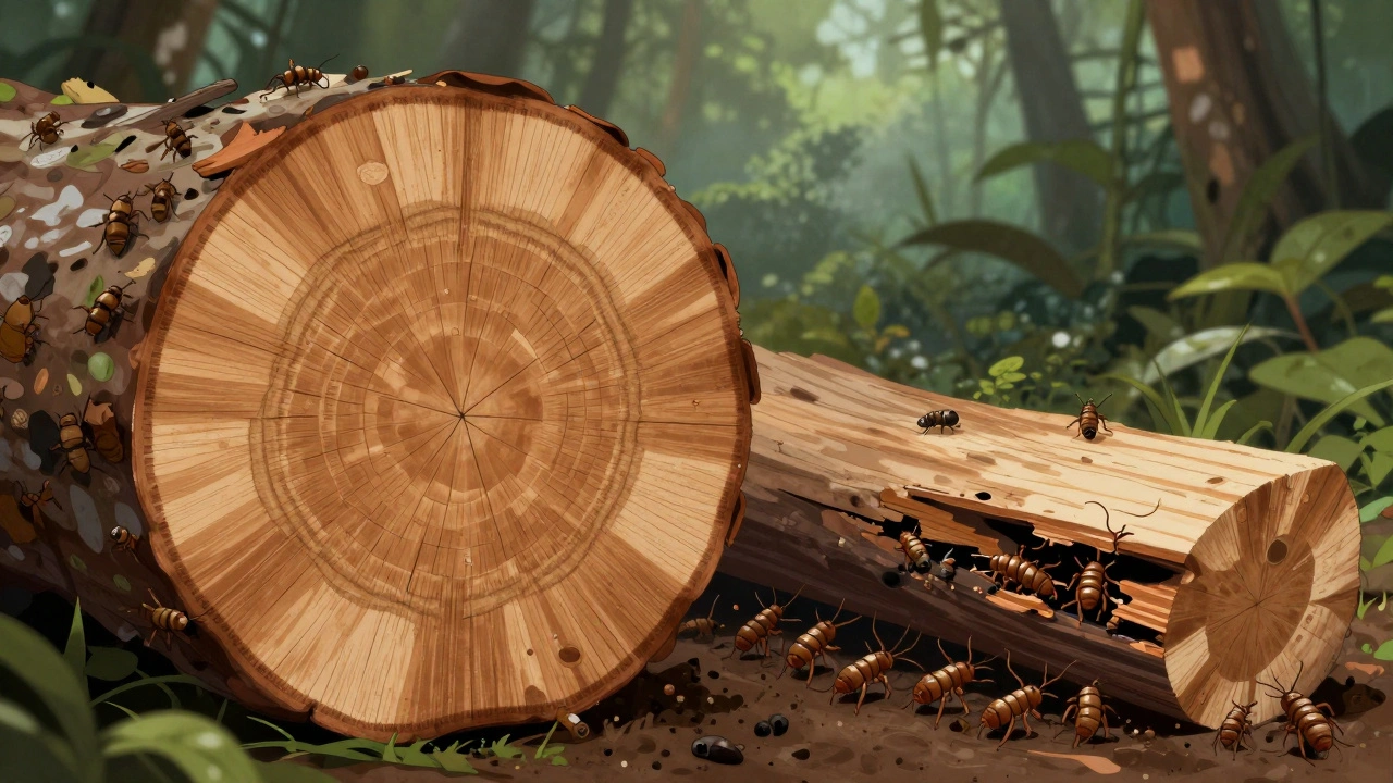 Potongan kayu bangkirai dibandingkan dengan kayu lain yang rusak oleh rayap, menunjukkan ketahanan alami terhadap serangga.